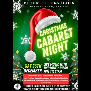 Poster promoting Christmas Cabaret Night at the Pavilion, illustrations of a Santa hat, snowflakes and Christmas trees.