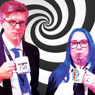Emma Crossland & Sam Wilkinson drinking from mugs with swirly straws, standing against a swirly background. 