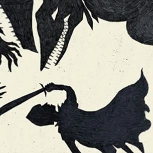 Artwork relating to beasts and legends on display at Palace Green Library. Silhouette of knights and dragons.