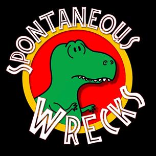 Illustration of a green dinosaur and text which reads 'Spontaneous Wrecks'.