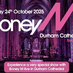 Poster reads, 'Boney M. Durham Cathedral' and background image shows Durham Cathedral's Nave in a purple hue.