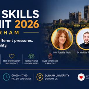 Promotional banner for Vital Skills Summit 2026 in Durham. The design has a dark navy background with Durham Cathedral pictured behind three speakers.