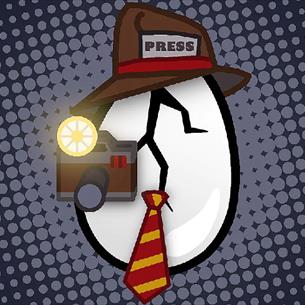 Graphic image of a cracked egg, wearing a tie and hat reading 'press', with a camera. 