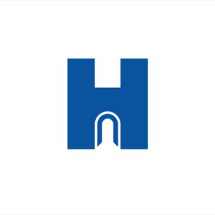 Blue cartoon of the letter 'H' in the shape of a castle on a white background