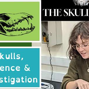 A volunteer demonstrates anatomy with an animal skull. Skulls, Science and Investigation.