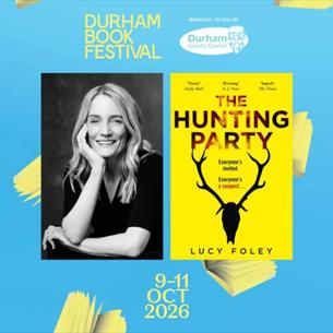 A photo of author Lucy Foley accompanied with the cover of her book The Hunting Party, on a blue background with cartoon books