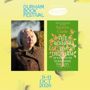 Author Susanna Clarke accompanied with her book The Bishops of Durham, on a light yellow background with cartoon books 