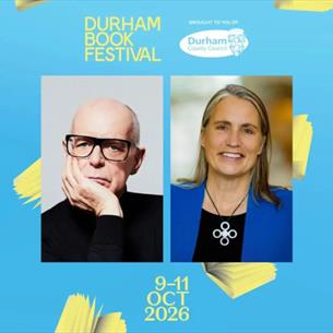 Singer Neil Tennant with Fiona Hill on a blue background surrounded by cartoon open books 