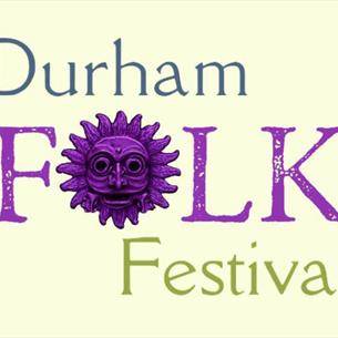 Durham Folk Festival logo with a purple sanctuary knocker as the letter 'o', on a light yellow background.