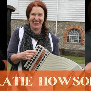 Musician Katie Howson, holding an accordion with her name at the bottom. 