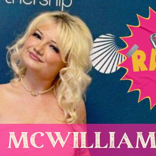 A person with blonde hair, smiling to the left with a pink and yellow logo called 'Radge' and the text 'Meg McWilliam' underneath.