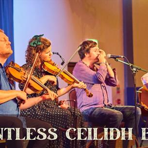 A group of four people sitting down playing folk instruments, with the text 'Relentless Ceilidh Band' underneath.