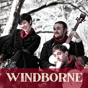 Four people sat on a stone wall in the woods, holding folk instruments and wearing black and red coats. The text 'Windborne' underneath.