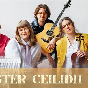 A five piece band, holding their folk instruments on a white background, with the text 'Monster Ceilidh Band' underneath.
