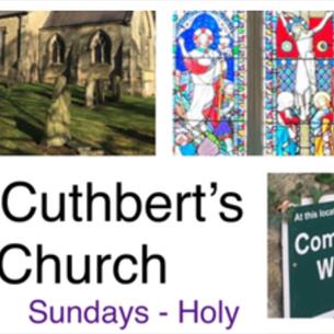 St Cuthbert's Church, with stained glass windows, commonwealth war graves and exterior view of the church.