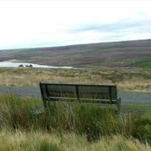 Landscape view of the countryside with a wooden bench in the foreground