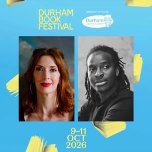 Authors Naomi Booth and Kayo Chingonyi, with a blue background surrounded by cartoon books.