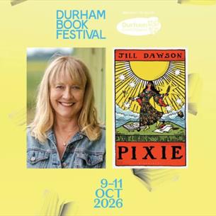 Author Jill Dawson, accompanied with the cover of her book Pixie, in the shape of a tarot card, on a yellow background surrounded by illustrated books
