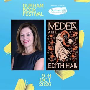 Author Edith Hall with her book Medea, on a blue background with cartoon books.