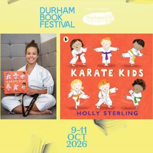 Holly Sterling with her book, Karate Kids, on a yellow background with cartoon books.