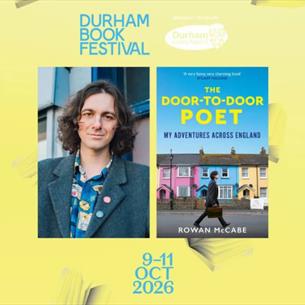 Author with their book, on a yellow background