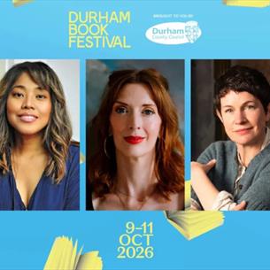 Three authors on a blue background surrounded by books.