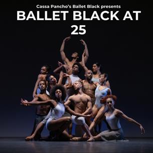 Cassa Pancho's Ballet Black Company, ballet dancers posed elegantly on a dark stage.