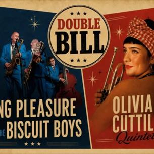 A double bill of two jazz musicians, Olivia Cuttill Quintet and King Pleasure & The Biscuit Boys, in a vintage style poster.