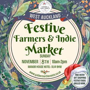 West Auckland Festive Farmers Market, surrounded by a watercolour illustration of a festive wreath.