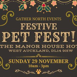 A festive poster, text read 'Festive Pet Fest' in a vintage festive font surrounded by gold baubles with pawprints on  them and cartoon holly.
