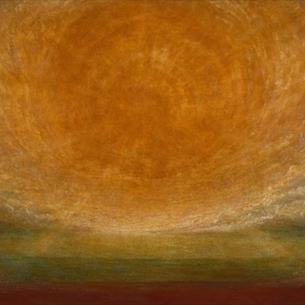 Abstract landscape painting depicting a vast glowing orange sun or sky above a dark, hazy horizon. Swirling grey, gold, green and red tones create an 