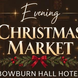 poster of christmas market at bowburn hall hotel, with festive wreaths and trees, and information for the market.