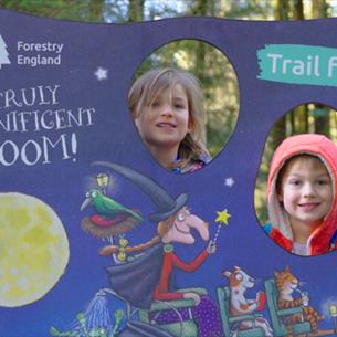 Two children poking their heads through a Room On A Broom themed pop up stand, in Hamsterley Forest.