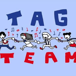 Red and blue cartoon characters running left whilst holding hands, surrounded by music notes on a light blue background
