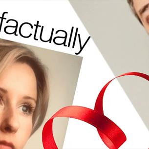 Couple looking at each other with a heart made from a red ribbon connects the two of them. Text: Lovefactually