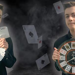 Two images of a person holding playing cards on a black background
