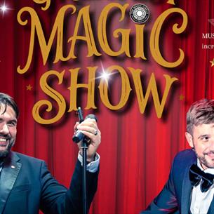 Two people wearing suits, in front of a red curtain and sparkling lights. Text reads Magic Show