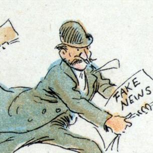 Illustration of people running in top hats and suits, holding paper which say fake news.
