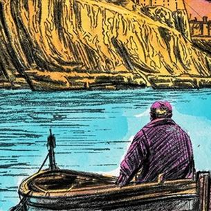 Illustrated image of a person in a small boat looking up at the industrial coastline.