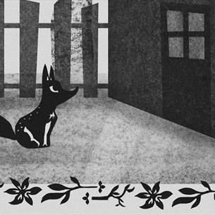 Illustration of a small fox sat outside of a door in the garden looking up longingly. The image is black and white