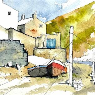Line Drawing & Watercolour Workshop - Watercolour painting by John Harrison, two boats at the side of the water, brick houses tower above with a green