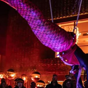 Person suspended on wires wearing a pink mermaid tail holding hands with someone
