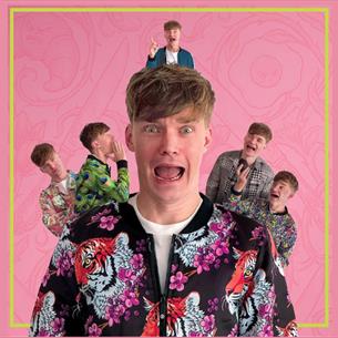 Person screaming, wearing a floral jacket, in the centre with smaller versions of themselves laughing on their shoulders, on a pink background