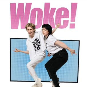 Two people wearing 'Choose Life' t shirts posing in front of an 80's style white and blue background