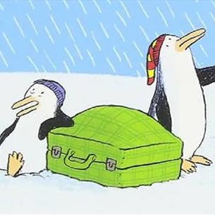 Illustration of two penguins with a suitcase. 