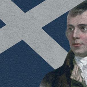 Painting of Robert Burns in front of the Scottish Flag.