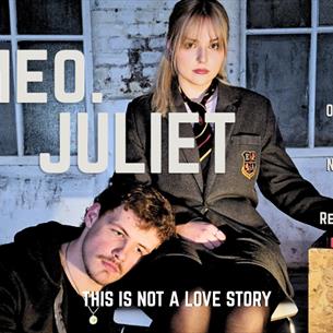 A girl in a school uniform sat with a boy hugging her legs. Text: Romeo.Juliet, this is not a love story