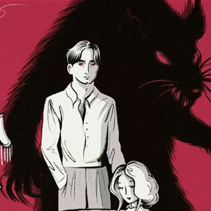 A couple sat together in a vintage setting with a large rat silhouette looms in the background. The image is illustrated.