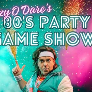 80's themed galaxy background with a person dressed in an 80s headband and jacket beneath the text, 'Dizzy O'Dare's 80's Party Game Show!'