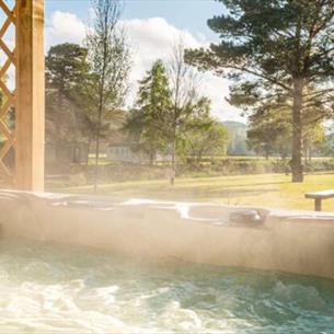 View from a steaming hot tub with trees and a picnic table in the distance.